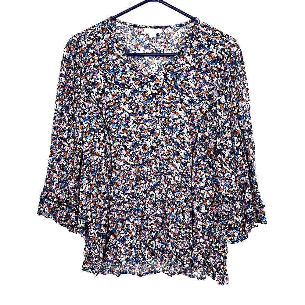 J.Jill Size Medium Petite V Neck Long Sleeve Blouse Floral Print